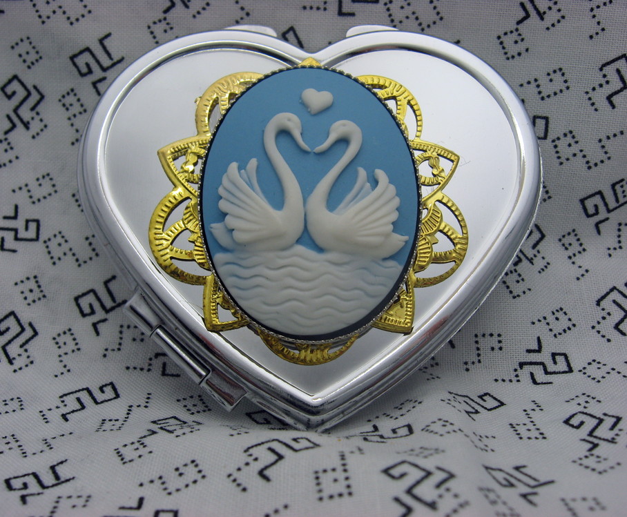 Sweetheart Swans Silver Heart Compact Mirror In Blue