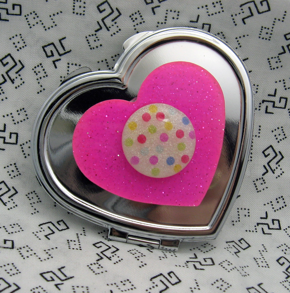 Pink Heart And Polka Dots Compact Mirror
